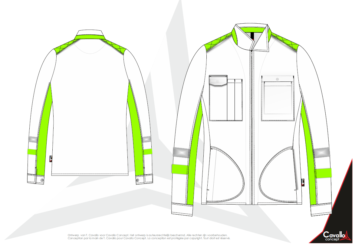 Custom made werkkledij - Vest Trapani : Licht gecentreerd stijlvol vest. Twee ingewerkte steekzakken met drukknoopsluiting. Twee borstzakken, rechts voorzien met dubbele pennenzak en halve klep. Sluiting d.m.v. ritssluiting. Mouwen met manchet en aanpasbaar met drukknopen. Schouderstukken voorzien van reflecterende bies en onderarm voorzien van twee reflecterende banden.
