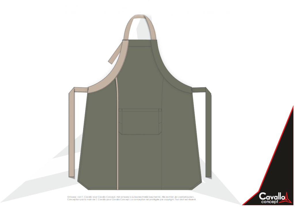 Custom made horecakleding. Halsvoorbinder met grote opgestikte zak met potlood verdeling links en rechts. Lange bindlinten en verstelbare halsband met drukknopen. Bindlinten: 110 cm Custom made – productie op aanvraag. Verschillende kleuren, kwaliteiten en opties zijn mogelijk Afmetingen: B: 115 cm – H: 100 cm