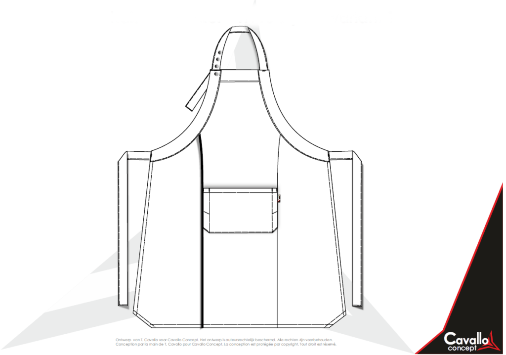 Custom made horecakleding. Halsvoorbinder met grote opgestikte zak met potlood verdeling links en rechts. Lange bindlinten en verstelbare halsband met drukknopen. Bindlinten: 110 cm Custom made – productie op aanvraag. Verschillende kleuren, kwaliteiten en opties zijn mogelijk Afmetingen: B: 115 cm – H: 100 cm