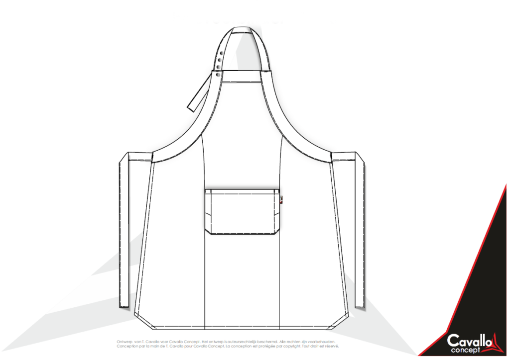 Custom made horecakleding. Halsvoorbinder met grote opgestikte zak met potlood verdeling links en rechts. Lange bindlinten en verstelbare halsband met drukknopen. Bindlinten: 110 cm Custom made – productie op aanvraag. Verschillende kleuren, kwaliteiten en opties zijn mogelijk Afmetingen: B: 115 cm – H: 100 cm