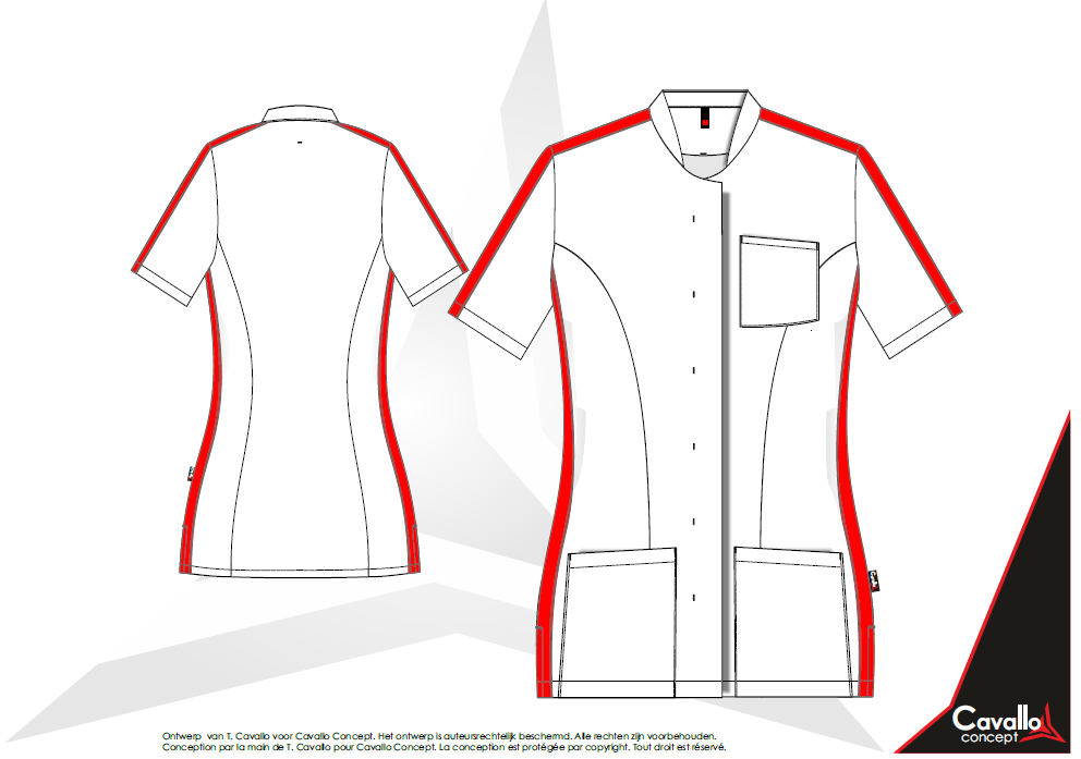 Custom made zorgkledij: Stijlvol getailleerd vest met opgaande naden aan voor en rugzijde. Afgewerkt met kleurcontrast. Custom made – productie op aanvraag Verschillende kleuren, kwaliteiten en opties zijn mogelijk